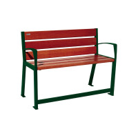 PROCITY SILAOS SENIOR WOODEN SLAT BENCH WITH ARMREST - WOOD & STEEL: Mahogany oak wood seat, moss green steel frame.