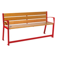 PROCITY SILAOS SENIOR 6 WOODEN SLATS BENCH - WITH ARMREST - WOOD & STEEL: Seat made of oak wood (light oak), frame made of steel (traffic red).