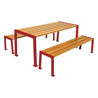 PROCITY SITZGRUPPE SILAOS - STAHL & HOLZ - (1 TISCH & 2 SITZFLÄCHEN): Sitzfläche aus Eichenholz (helle Eiche), Gestel aus verzinktes Stahl (Purpurrot)