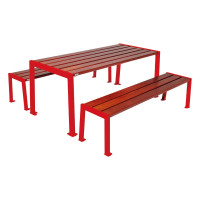 PROcity Seating Group Silaos - Steel & Wood - (1 Table & 2 Bench Seats): Seat surface made of oak wood (mahogany), frame made of galvanized steel (traffic red).