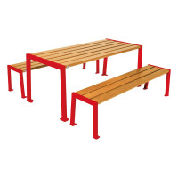 PROCITY SITZGRUPPE SILAOS - STAHL & HOLZ - (1 TISCH & 2 SITZFLÄCHEN): Sitzfläche aus Eichenholz (helle Eiche), Gestel aus verzinktes Stahl (Verkehrsrot)