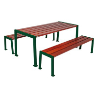 PROCITY SILAOS OUTDOOR SEATING SET - STEEL & WOOD - (1 TABLE & 2 SEATS): Oak wood (Mahogany) seating surface, Zinc-coated steel frame (Moss Green).