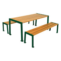 PROCITY SITZGRUPPE SILAOS - STAHL & HOLZ - (1 TISCH & 2 SITZFLÄCHEN): Sitzfläche aus Eichenholz (helle Eiche), Gestel aus verzinktes Stahl (Moosgrün)