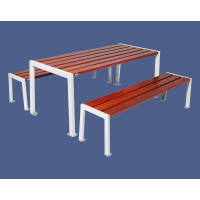 PROCITY SITZGRUPPE SILAOS - STAHL & HOLZ - (1 TISCH & 2 SITZFLÄCHEN): Sitzfläche aus Eichenholz (Mahagoni), Gestel aus verzinktes Stahl (Reinweiß)