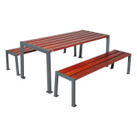PROCITY SITZGRUPPE SILAOS - STEEL & WOOD - (1 TABLE & 2 SEATS): Seat surface made of oak wood (mahogany), frame made of galvanized steel (Procity Gray).