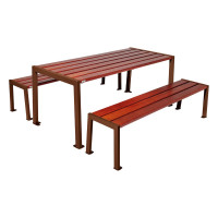 PROCITY SITZGRUPPE SILAOS - STAHL & HOLZ - (1 TISCH & 2 SITZFLÄCHEN): Sitzfläche aus Eichenholz (Mahagoni), Gestel aus verzinktes Stahl (Rost Corten-Effekt)