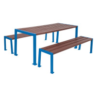 PROCITY Seating Group Table and Seats - Steel and Recycled Plastic - (1 table & 2 seat surfaces): Seat surfaces made of recycled plastic (gentian blue), frame made of galvanized steel (gentian blue).