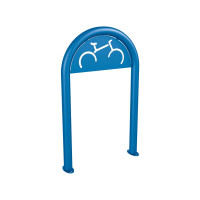Bicycle rack in paper clip shape D 60 mm with signage, 1 bicycle, PROCITY: Metal - Gentian Blue, on floor plates.