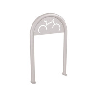 Bicycle rack in paper clip shape D 60 mm with signage, 1 bicycle, PRO CITY: Metal - Silk Grey, on floor plates.