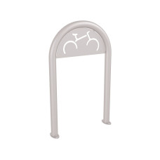 Bicycle rack in paper clip shape D 60 mm with signage, 1 bicycle, PRO CITY: Metal - Silk Grey, on floor plates.