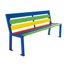 PROCITY bench SILAOS with backrest - elementary school version Children's bench: Seat made of tropical wood (colorful), frame made of steel.