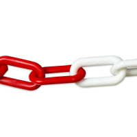Barrier chain made of red and white plastic, 8 mm thick with 5 emergency links, length 25 m.