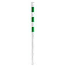 Bollard without eyelets, stationary, diameter 60 mm, hot-dip galvanized and white coated, with 3 green reflective stripes