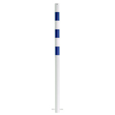 Bollard without eyelets, stationary, diameter 60 mm, hot-dip galvanized and white coated, with 3 blue reflective stripes