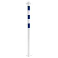 Bollard with chain eyelets and 3 blue reflective strips, stationary, diameter 60 mm, hot-dip galvanized and white coated