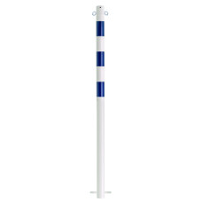 Bollard with chain eyelets and 3 blue reflective strips, stationary, diameter 60 mm, hot-dip galvanized and white coated