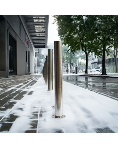 Bollard stainless steel Ø 60 mm stationary with base plate, to be fixed by plugs, without lock, total height approx. 900 mm above ground . Buy in the online store.