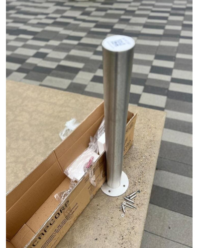 Bollard stainless steel Ø 89 mm stationary with base plate, to be fixed by plugs, without lock, total height approx. 900 mm above ground . Buy in the online store.