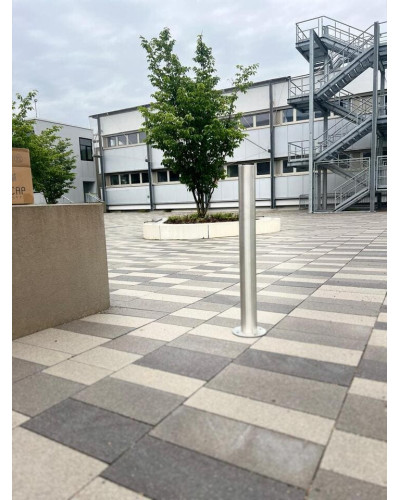 Bollard stainless steel Ø 89 mm stationary with base plate, to be fixed by plugs, without lock, total height approx. 900 mm above ground . Buy in the online store.