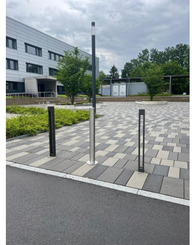 Bollard stainless steel Ø 89 mm stationary with base plate, to be fixed by plugs, without lock, total height approx. 900 mm above ground . Buy in the online store.