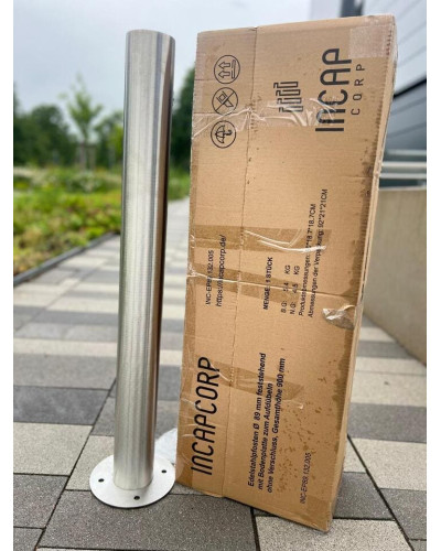 Bollard stainless steel Ø 89 mm stationary with base plate, to be fixed by plugs, without lock, total height approx. 900 mm above ground . Buy in the online store.