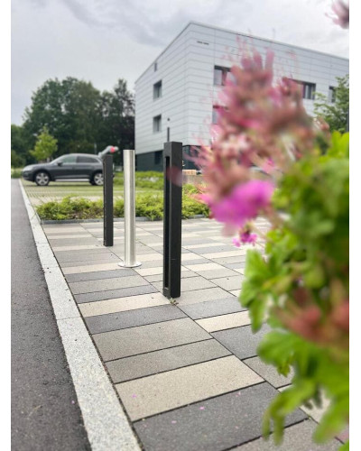 Bollard stainless steel Ø 89 mm stationary with base plate, to be fixed by plugs, without lock, total height approx. 900 mm above ground . Buy in the online store.