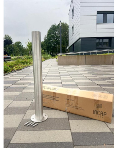 Bollard stainless steel Ø 89 mm stationary with base plate, to be fixed by plugs, without lock, total height approx. 900 mm above ground . Buy in the online store.
