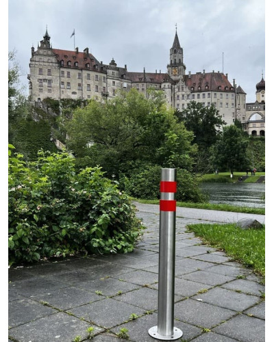 Bollard stainless steel Ø 89 mm stationary with base plate, to be fixed by plugs, without lock, total height approx. 900 mm above ground . Buy in the online store.