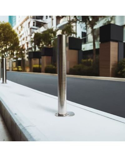 Bollard stainless steel Ø 89 mm stationary with base plate, to be fixed by plugs, without lock, total height approx. 900 mm above ground . Buy in the online store.