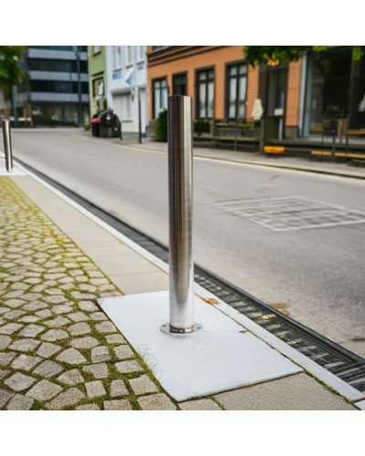 Bollard stainless steel Ø 89 mm stationary with base plate, to be fixed by plugs, without lock, total height approx. 900 mm above ground . Buy in the online store.