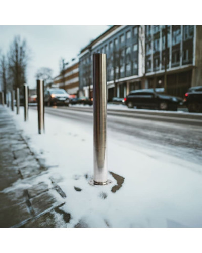 Bollard stainless steel Ø 89 mm stationary with base plate, to be fixed by plugs, without lock, total height approx. 900 mm above ground . Buy in the online store.