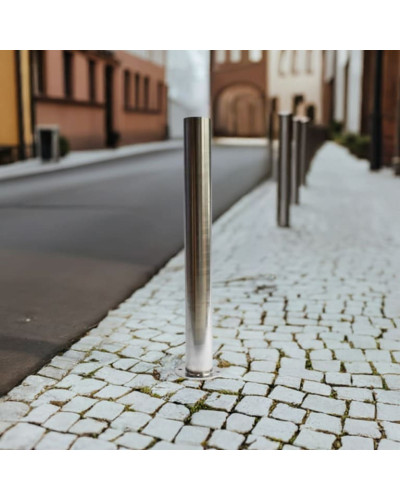 Bollard stainless steel Ø 89 mm stationary with base plate, to be fixed by plugs, without lock, total height approx. 900 mm above ground . Buy in the online store.