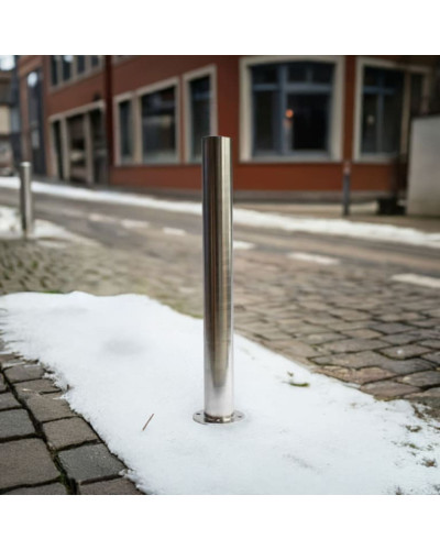 Bollard stainless steel Ø 89 mm stationary with base plate, to be fixed by plugs, without lock, total height approx. 900 mm above ground . Buy in the online store.