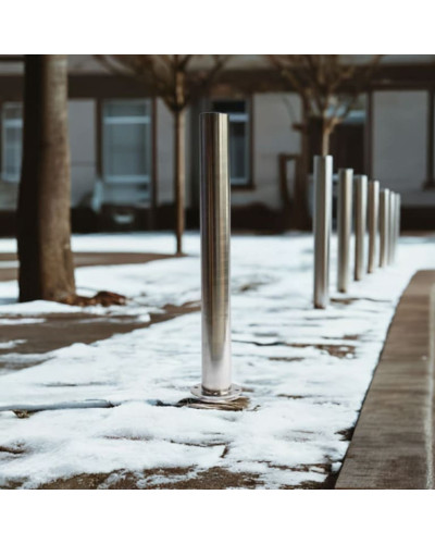 Bollard stainless steel Ø 89 mm stationary with base plate, to be fixed by plugs, without lock, total height approx. 900 mm above ground . Buy in the online store.