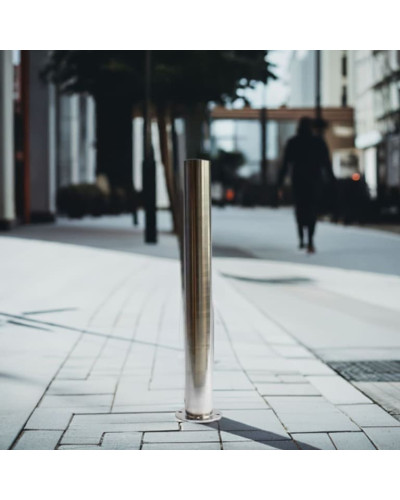 Bollard stainless steel Ø 89 mm stationary with base plate, to be fixed by plugs, without lock, total height approx. 900 mm above ground . Buy in the online store.