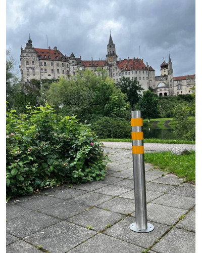 Bollard stainless steel Ø 89 mm stationary with base plate, to be fixed by plugs, without lock, total height approx. 900 mm above ground . Buy in the online store.