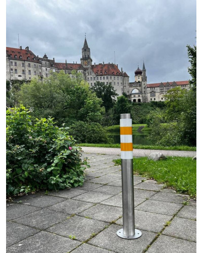 Bollard stainless steel Ø 89 mm stationary with base plate, to be fixed by plugs, without lock, total height approx. 900 mm above ground . Buy in the online store.