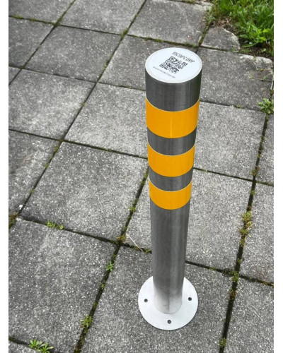 Bollard stainless steel Ø 89 mm stationary with base plate, to be fixed by plugs, without lock, total height approx. 900 mm above ground . Buy in the online store.