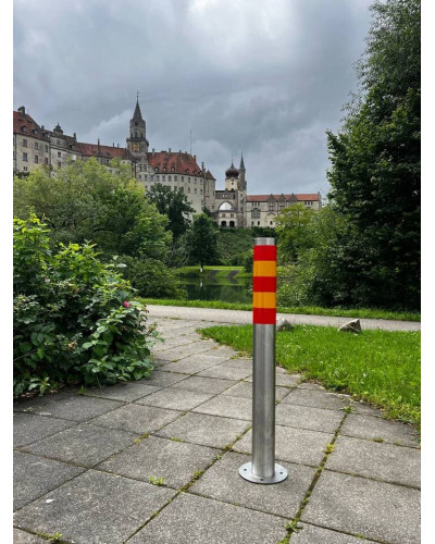 Bollard stainless steel Ø 89 mm stationary with base plate, to be fixed by plugs, without lock, total height approx. 900 mm above ground . Buy in the online store.