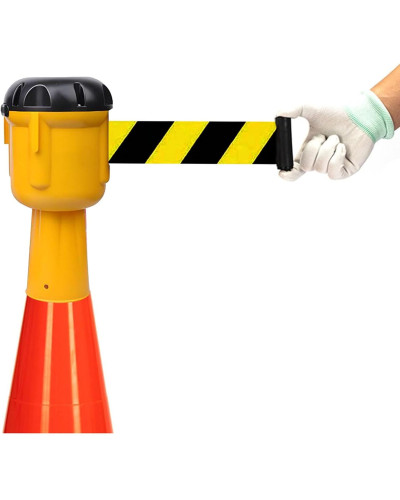 Buy traffic cone attachment with barrier tape yellow/black hatched, 10 m online – Flexible solutions for barriers