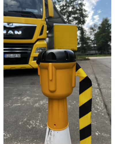 Buy traffic cone attachment with barrier tape yellow/black hatched, 10 m online – Flexible solutions for barriers