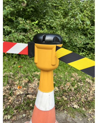 Buy traffic cone attachment with barrier tape yellow/black hatched, 10 m online – Flexible solutions for barriers