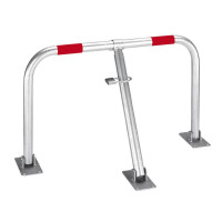 Foldable parking barrier Ø 27 mm, height approx. 450 mm, width approx. 750 mm, with lock, for dowelling, hot-dip galvanized, with red reflective strips including fastening material 