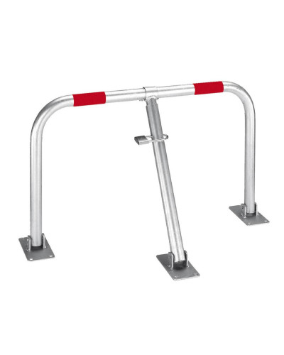 Foldable parking barrier Ø 27 mm, height approx. 450 mm, width approx. 750 mm, with lock, for dowelling, hot-dip galvanized, with red reflective strips including fastening material. Buy in the online store.