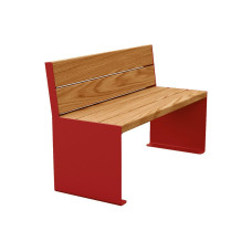 PROCITY Sitzbank KUBE. Mit Rückenlehne Stahl & Holz ohne Armlehnen: Sitzfläche aus Tropenholz (helle Eiche), Gestell aus Stahl (Purpurrot).