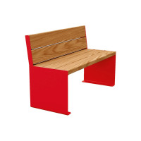 Procity Bench Kube with Backrest Steel & Wood without Armrests: Seat made of tropical wood (light oak), Frame made of steel (traffic red).
