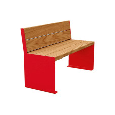 PROCITY Sitzbank Kube. Mit Rückenlehne Stahl & Holz ohne Armlehnen: Sitzfläche aus Tropenholz (helle Eiche), Gestell aus Stahl (Verkehrsrot).