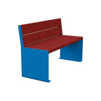 PROCITY Sitzbank KUBE. Mit Rückenlehne aus Stahl & Holz ohne Armlehnen: Sitzfläche aus Tropenholz (Mahagoni), Gestell aus Stahl (Enzianblau).