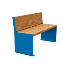 PROCITY Sitzbank KUBE. Mit Rückenlehne Stahl & Holz ohne Armlehnen: Sitzfläche aus Tropenholz (helle Eiche), Gestell aus Stahl (Enzianblau).