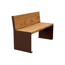 PROCITY Sitzbank Kube. Mit Rückenlehne Stahl & Holz ohne Armlehnen: Sitzfläche aus Tropenholz (helle Eiche), Gestell aus Stahl (Schokoladenbraun).
